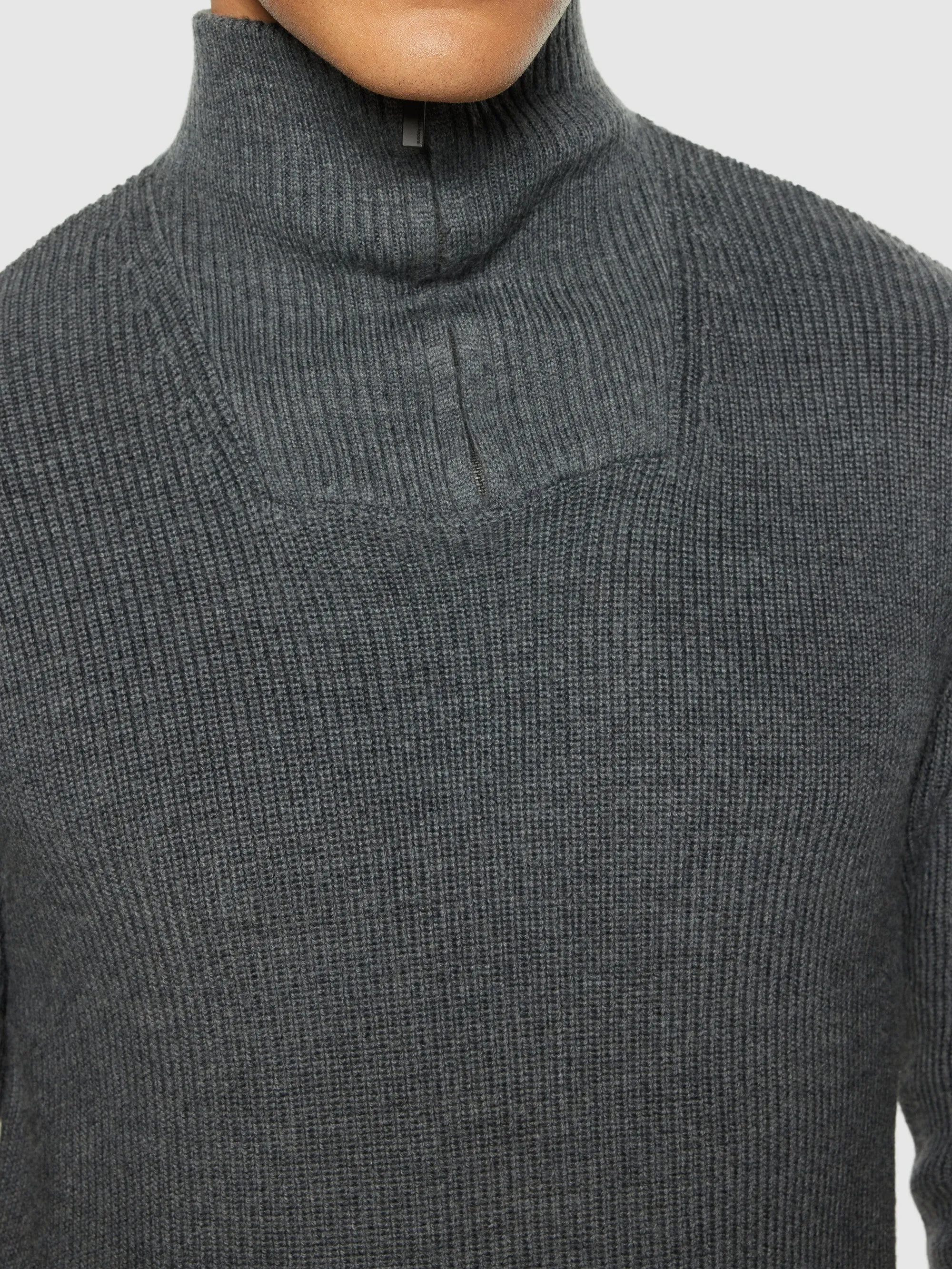 1/2 neck zip merino wool rib knit - Dark Grey Melange