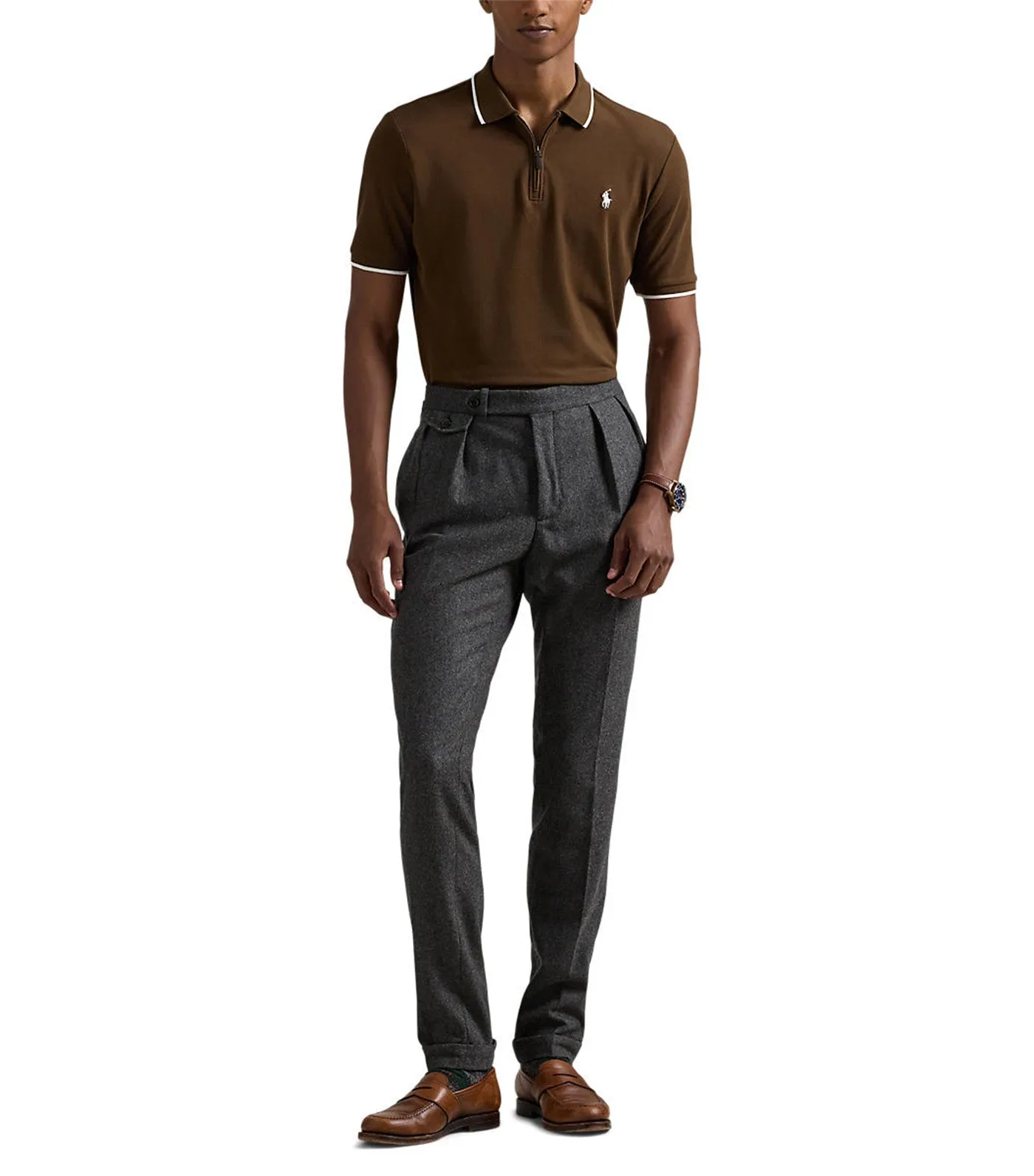 Men's Classic Fit Stretch Mesh Zip Polo Shirt Branch Brown