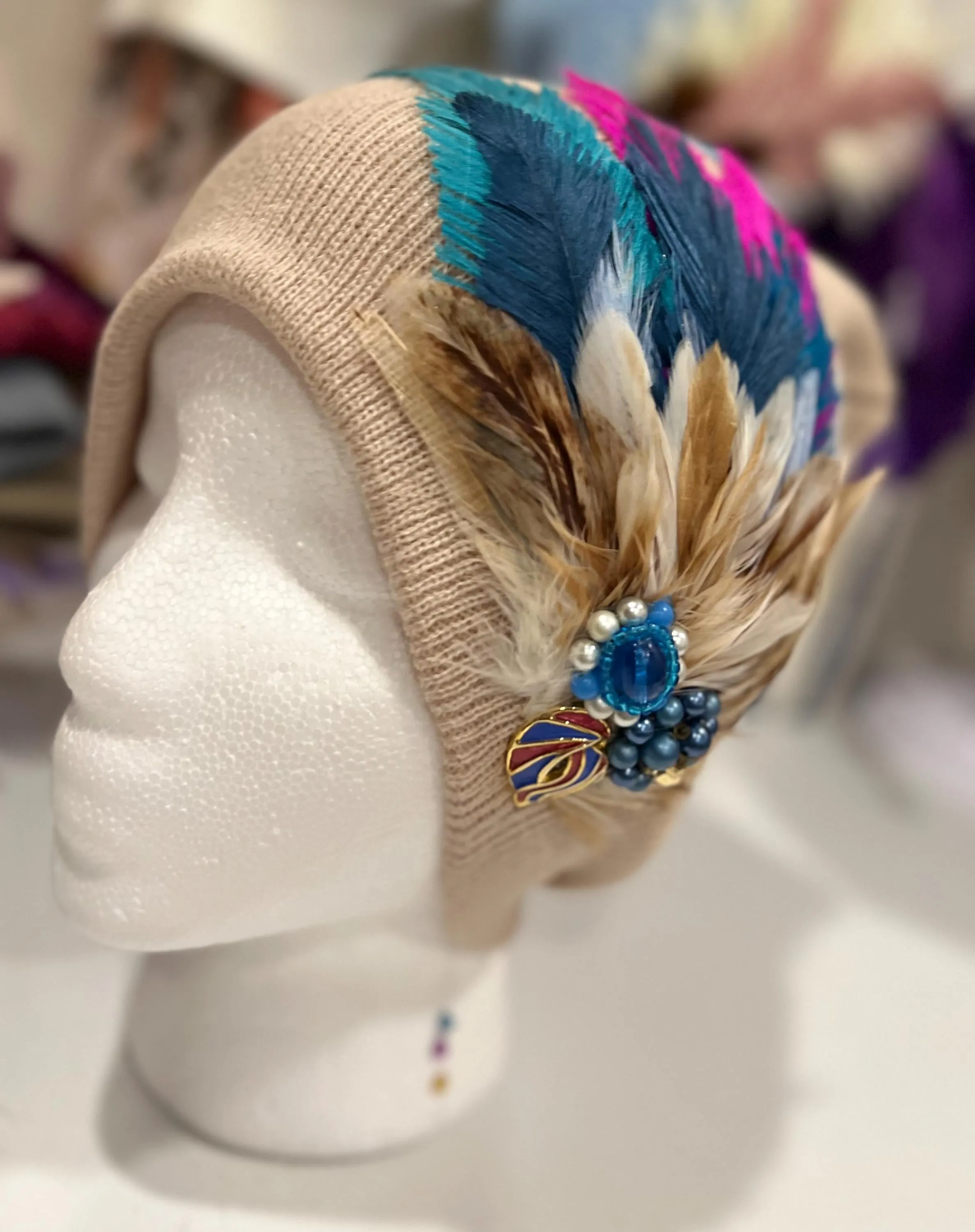 Vibrant Color Pop - Boho Fancy Feathered Jeweled Knit Beanie Winter Flapper Vintage Style