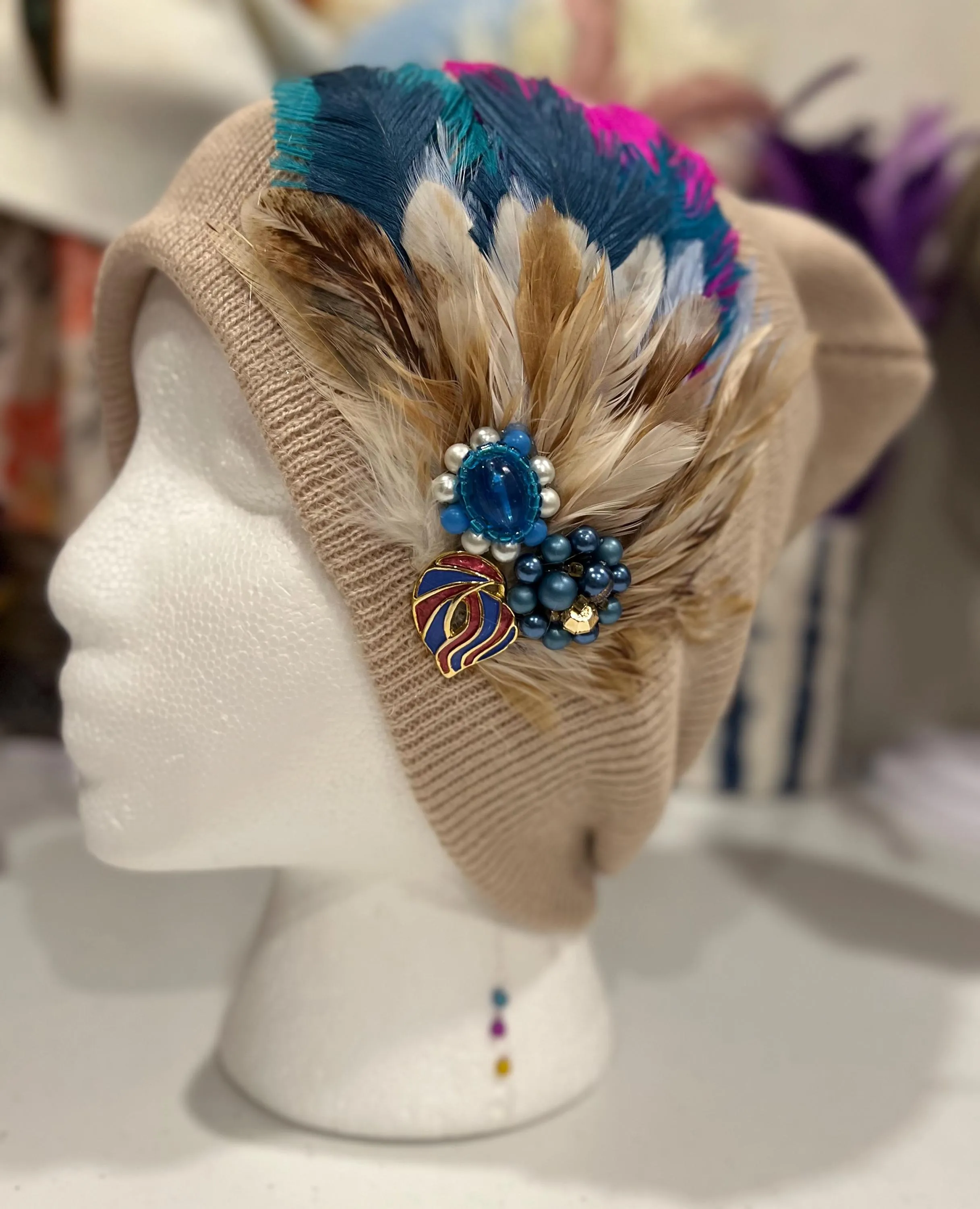 Vibrant Color Pop - Boho Fancy Feathered Jeweled Knit Beanie Winter Flapper Vintage Style