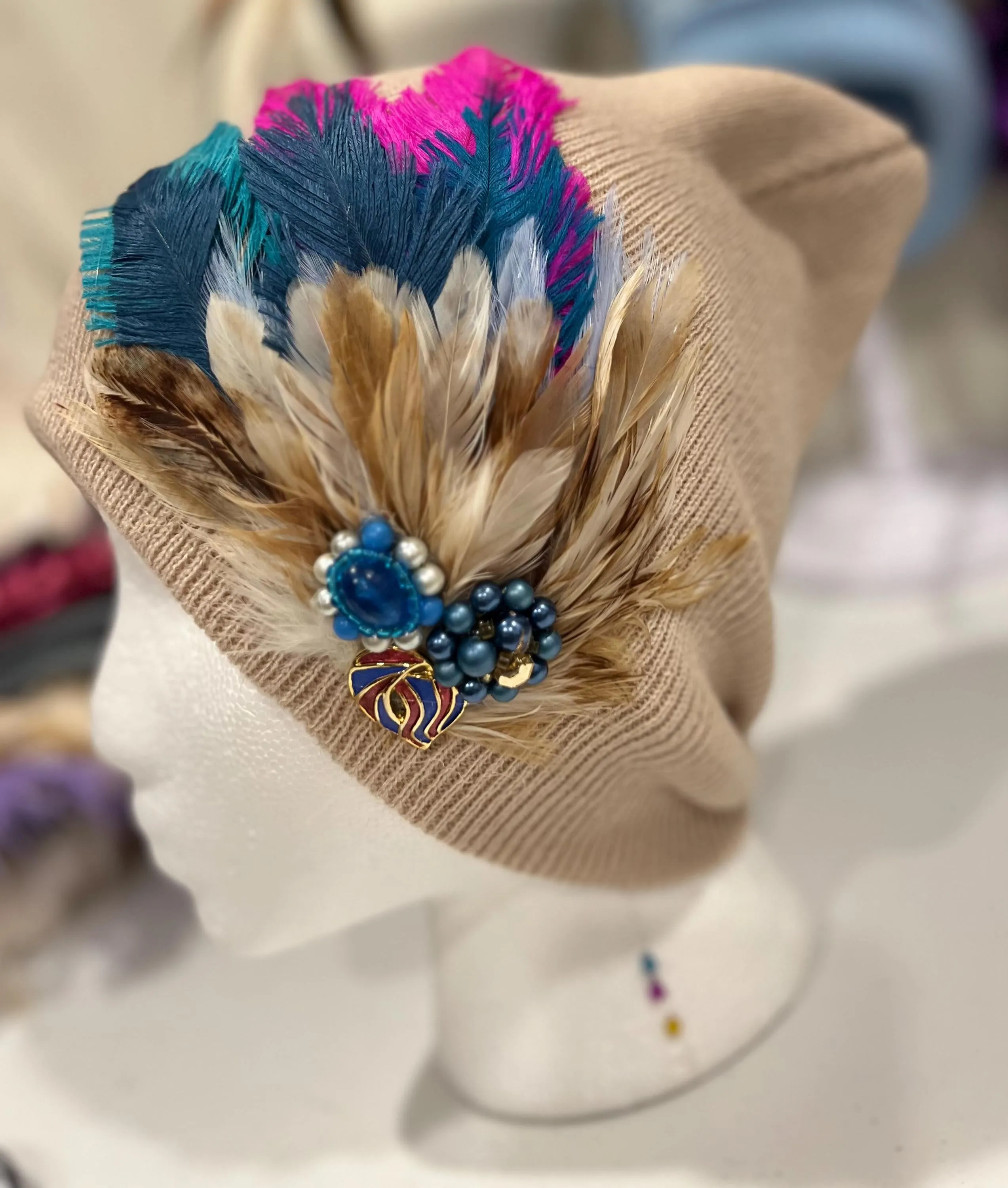 Vibrant Color Pop - Boho Fancy Feathered Jeweled Knit Beanie Winter Flapper Vintage Style