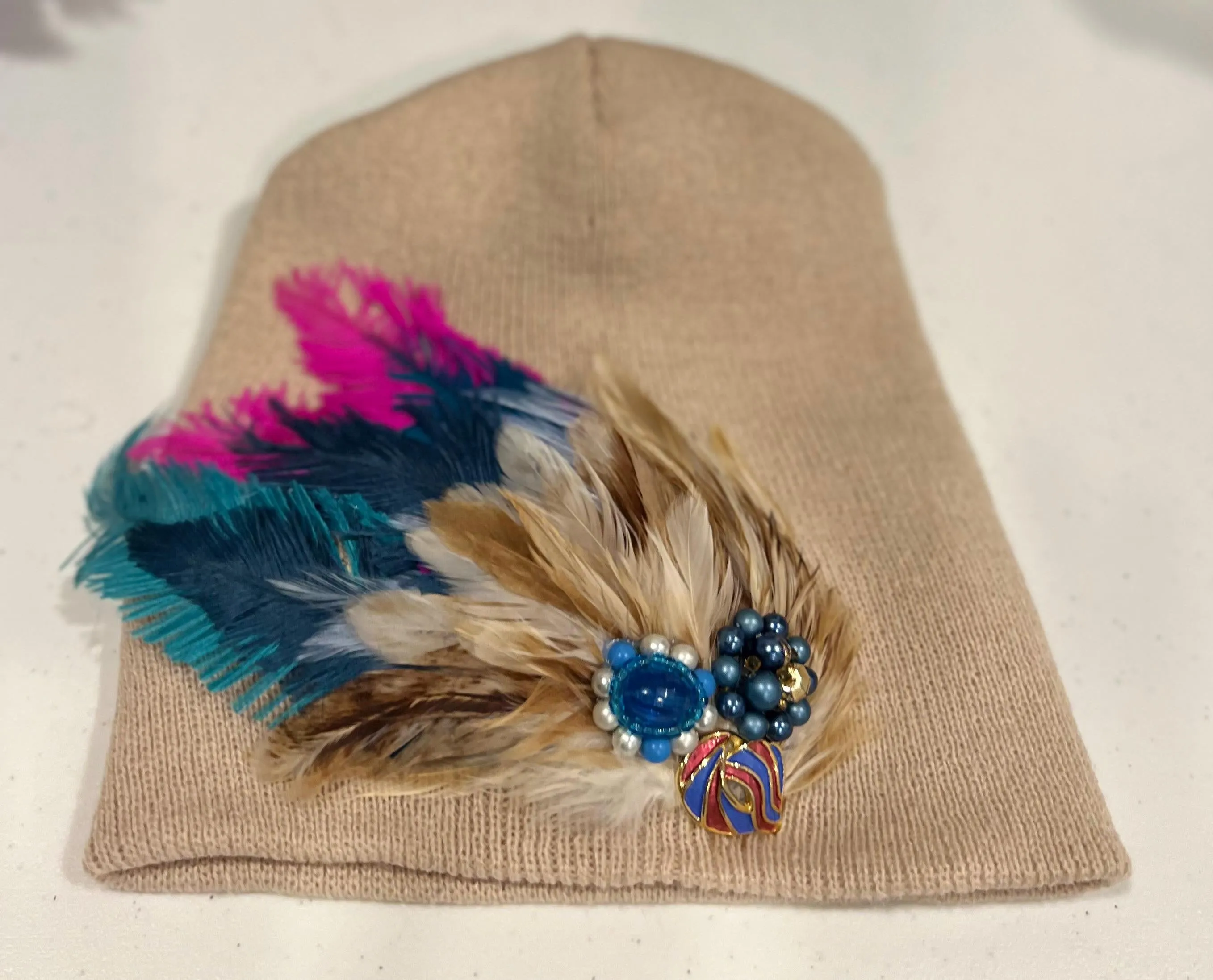 Vibrant Color Pop - Boho Fancy Feathered Jeweled Knit Beanie Winter Flapper Vintage Style
