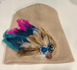 Vibrant Color Pop - Boho Fancy Feathered Jeweled Knit Beanie Winter Flapper Vintage Style