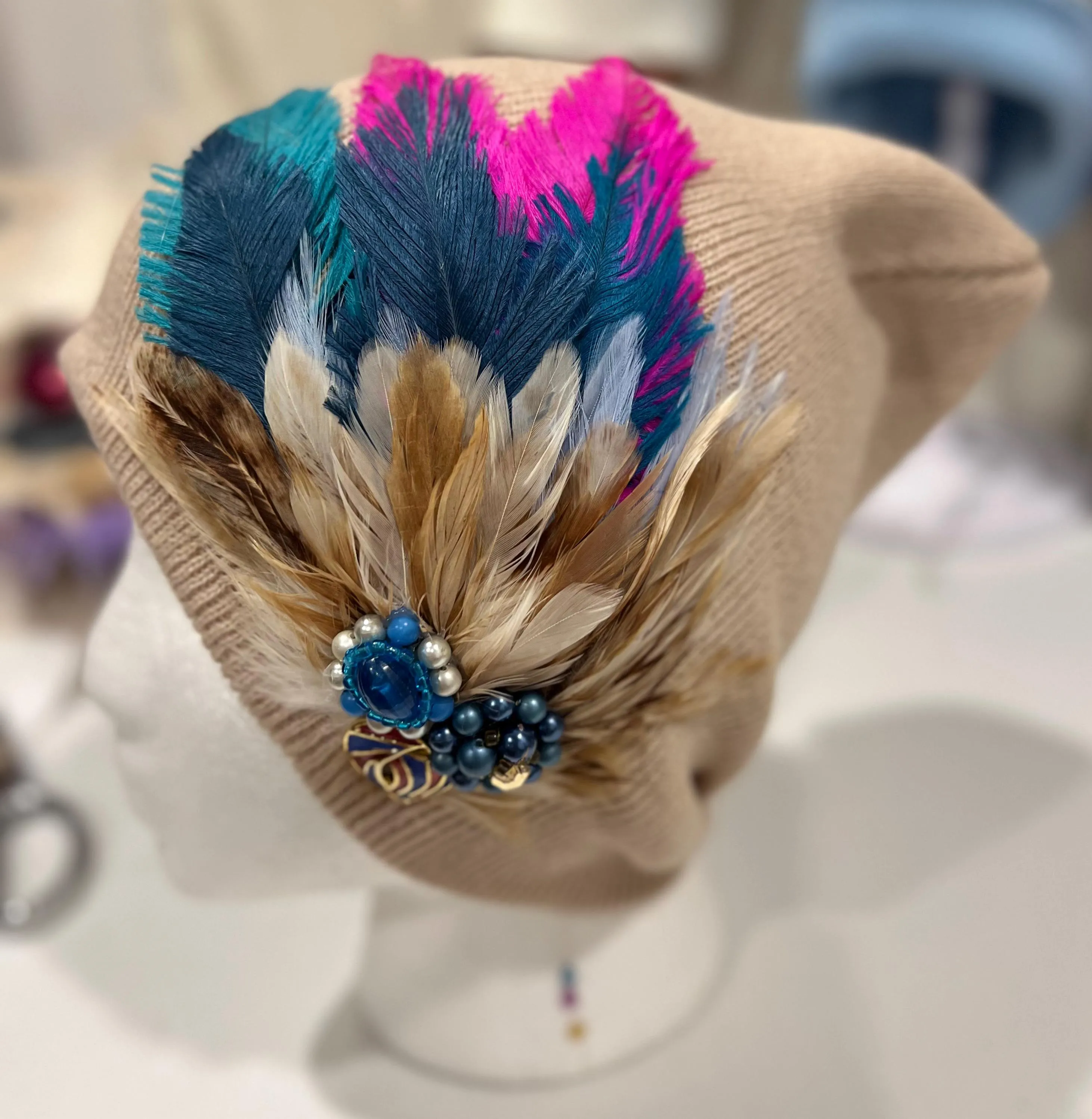 Vibrant Color Pop - Boho Fancy Feathered Jeweled Knit Beanie Winter Flapper Vintage Style