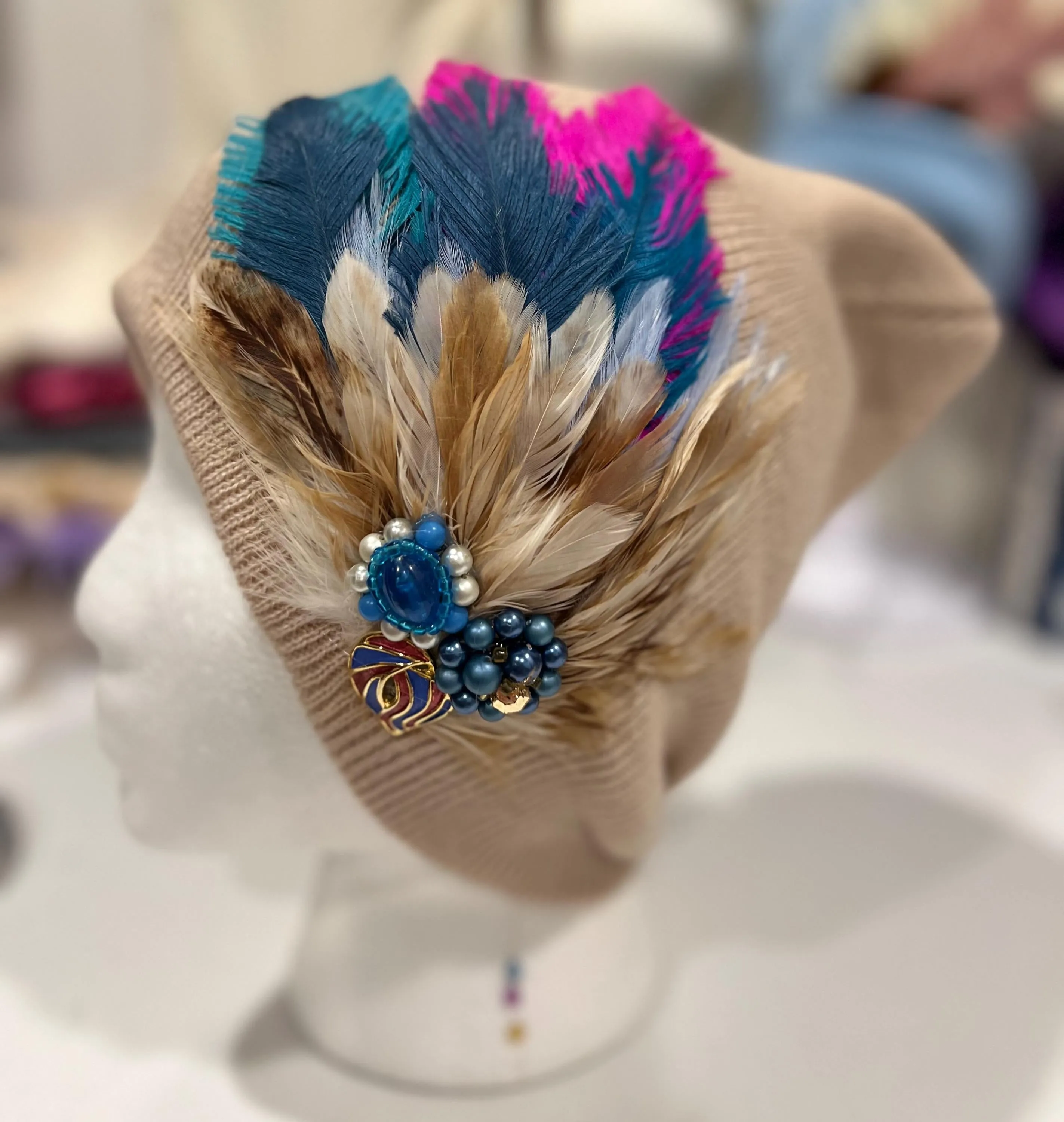 Vibrant Color Pop - Boho Fancy Feathered Jeweled Knit Beanie Winter Flapper Vintage Style