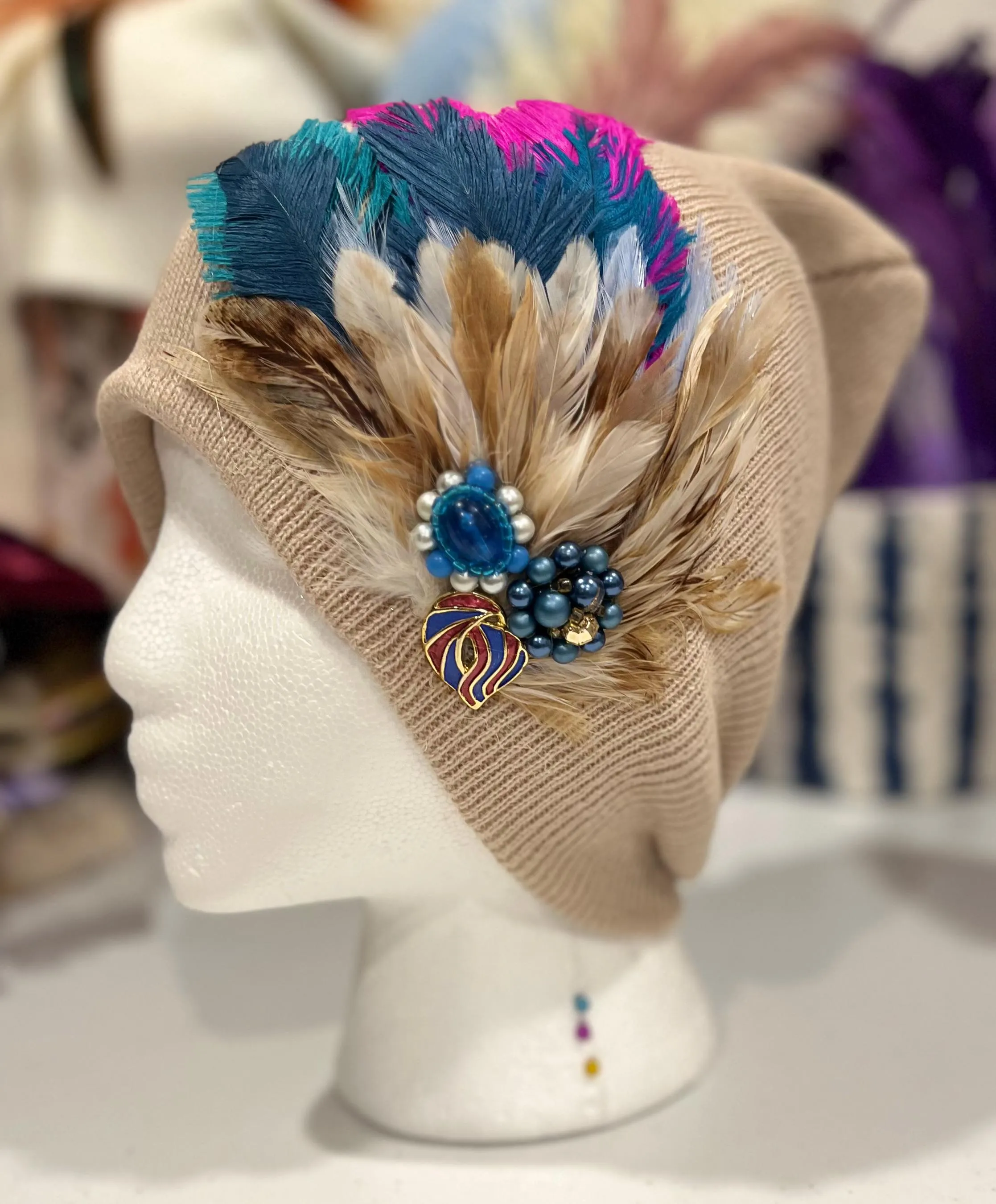 Vibrant Color Pop - Boho Fancy Feathered Jeweled Knit Beanie Winter Flapper Vintage Style