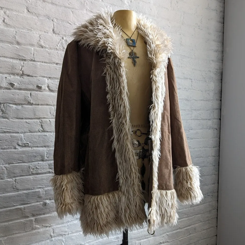 Y2K Vintage Brown Suede Furry Penny Lane Coat Leather Boho Fairycore Shag Jacket
