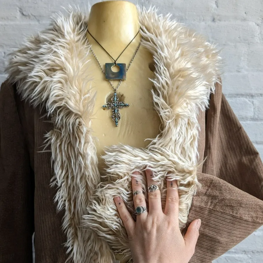 Y2K Vintage Brown Suede Furry Penny Lane Coat Leather Boho Fairycore Shag Jacket