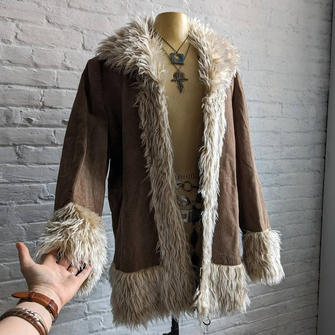 Y2K Vintage Brown Suede Furry Penny Lane Coat Leather Boho Fairycore Shag Jacket