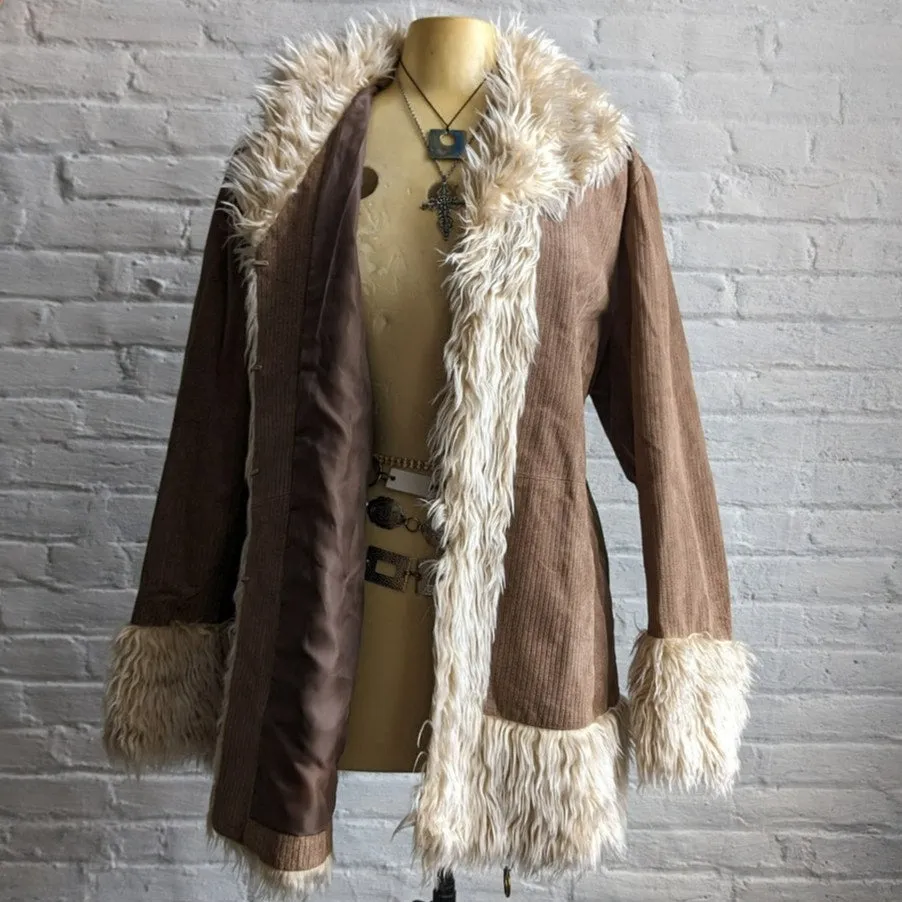 Y2K Vintage Brown Suede Furry Penny Lane Coat Leather Boho Fairycore Shag Jacket